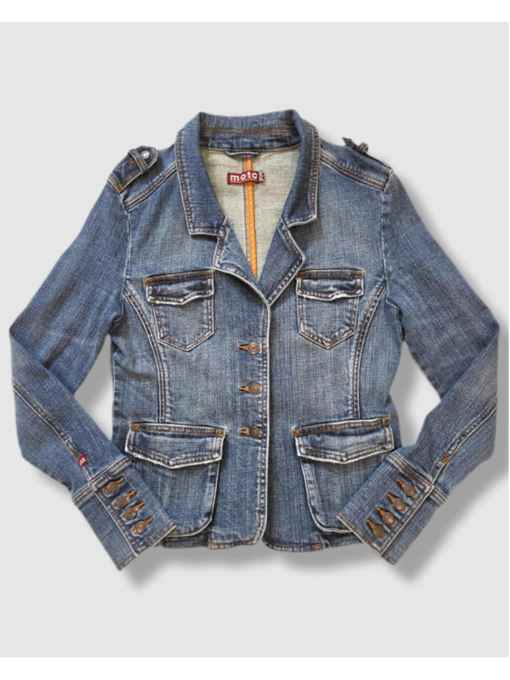 Vintage Y2K MOTO denim jacket | stretched jeans blazer tagged L fits XS–S |